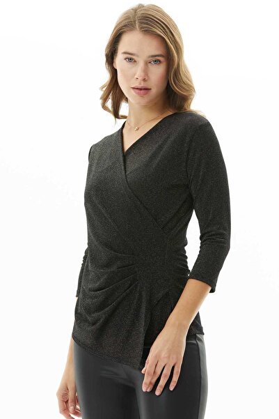 Selen Giyim Kruvaze Yanı Plili Simli Bluz / SİYAH