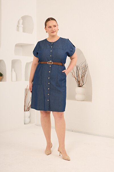 RMG Hasır Kemer Detaylı Büyük Beden Tensel Elbise Mavi