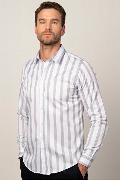 Tudors Biela pánska košeľa Slim Fit s pruhovaným vzorom s dlhým rukávom