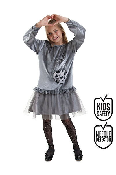 Denokids Girl's Gray Velvet Dress with Leopard Pockets
