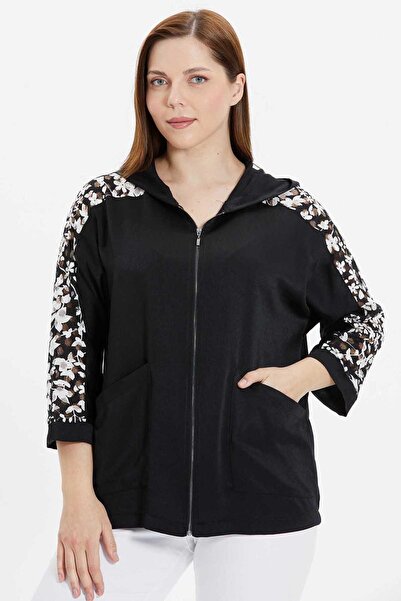 Selen Giyim Büyük Beden Kolları Dantel Kombinli Fermuarlı Ceket / SİYAH