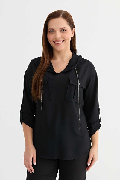 Selen Giyim Büyük Beden Kapüşonu Taşlı İp Aksesuarlı Bluz / SİYAH