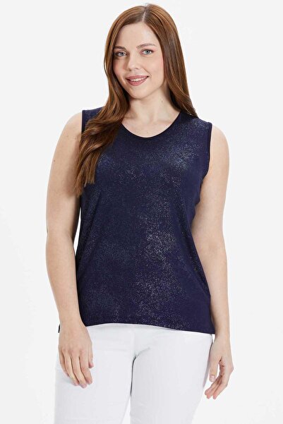 Selen Giyim Büyük Beden Önü Sim Varaklı Kolsuz Penye Bluz / LACİVERT