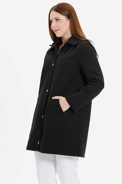 Selen Giyim Büyük Beden Önü Çıtçıtlı Cebi Fermuarlı Trençkot / SİYAH