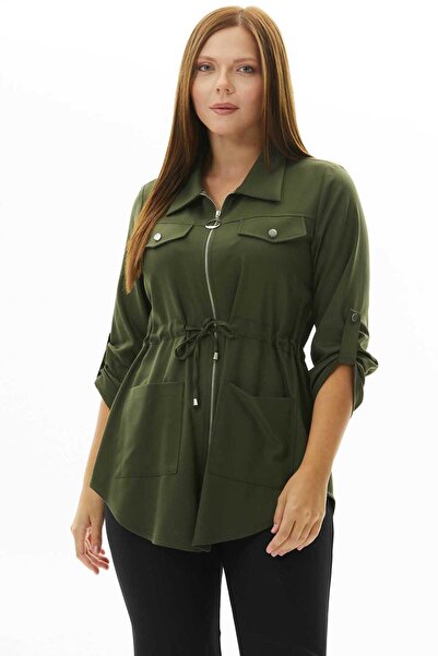 Selen Giyim Büyük Beden Beli Bağlamalı Çok Cepli Ceket / HAKİ