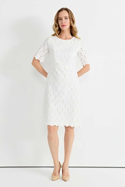 Selen Giyim Sıfır Yaka Kısa Kol Brode Elbise / EKRU