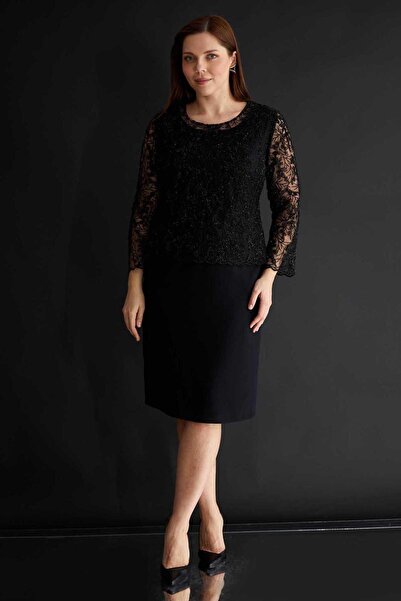 Selen Giyim Büyük Beden Üstü Simli Uzun Kol Elbise / SİYAH