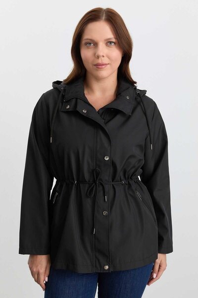 Selen Giyim Büyük Beden Beli Büzgülü Kapüşonlu Trençkot / SİYAH