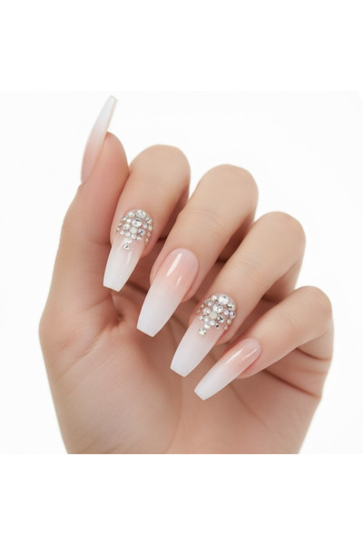 EDA LUXURY BEAUTY 24'lü Doğal Pembe Beyaz French Takma Tırnak Lüks 3d Kristal...