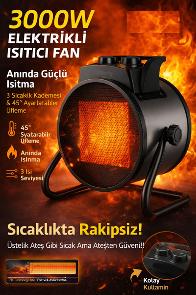 Kılıforyum 3000W Güçlü Elektrikli Isıtıcı Fan | Sessiz , 3 Isı Kademesi Güvenli PTC