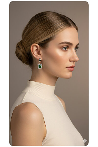 TrendimAksesuar Kare Kesim Kristal Taşlı Zümrüt Yeşili Çelik Küpe