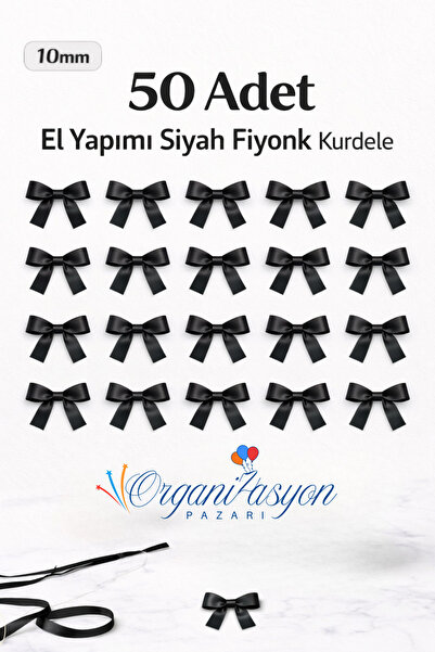Organizasyon Pazarı Siyah Premium Fiyonk Saten Kurdele 10mm 50 Adet Balon Süs...
