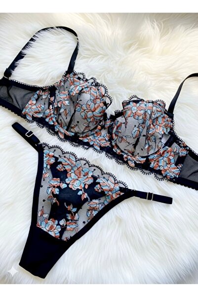 RUYAZ TEKSTİL Lacy Underwire Γυναικεία Μαύρα Εσώρουχα Σουτιέν Σλιπ Κοστούμι Ε...