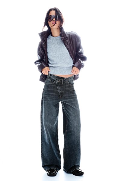 Bershka Çapraz belli yüksek bel geniş paça jean