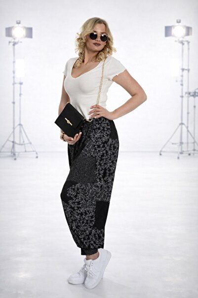 SİWELLİ Kadın Şalvar, Yumuşak Kumaş, Siyah Şal Desenli, Yandan Cepli, Standar...