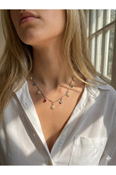 TrendimAksesuar Gümüş Renginde Papatyalı Trend Çelik Kolye