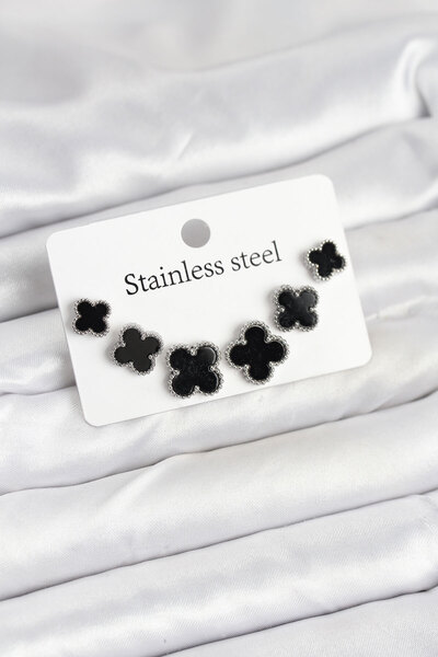 Skygo طقم أقراط من الفولاذ 316L باللون الفضي والأسود بثلاثة أحجام - TJ-BKP11234