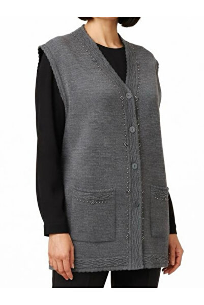 TEK Boncuklu Şık Desenli Anne Yeleği Inci Detaylı / Antrasit