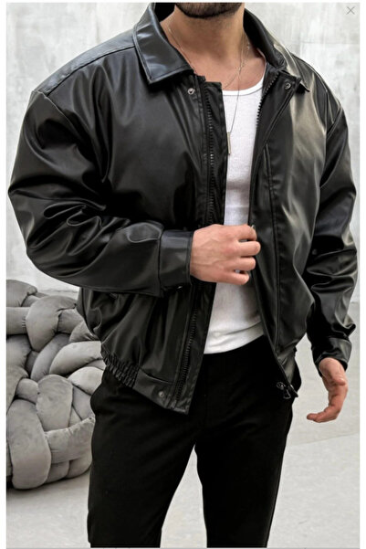 Rowsmen ERKEK Oversize Rahat Kesim KOL DETAYLI Bel Lastikli Deri Ceket