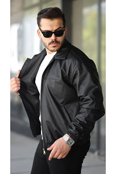 Rowsmen Ανδρικό μαύρο δερμάτινο μπουφάν oversized με ελαστική μέση, vintage σ...