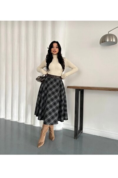 Tarzımızbir Women's Belted Long Plaid Skirt