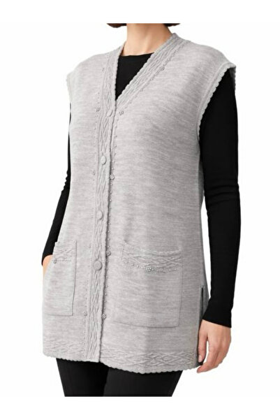 TEK Boncuklu Şık Desenli Anne Yeleği Inci Detaylı / Gri