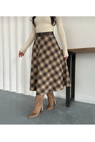Tarzımızbir Women's Belted Long Plaid Skirt