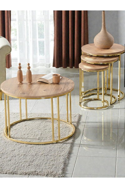 SEDAŞ LIVING UNITS 4 Lü Açık Ceviz Suntalam Gold Metal Ayaklı Cam C Model Seh...