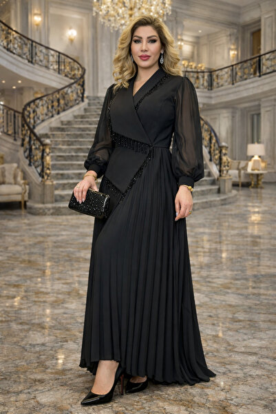 Yeşilmoda فستان سهرة فستان ماكسي تنورة مطوية كم بالون مبطن بقماش شيفون سحاب م...