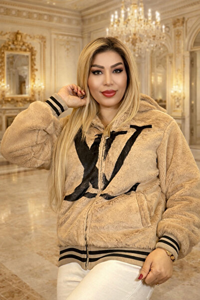 Yeşilmoda معطف فرو نسائي بغطاء للرأس باللون البيج والأبيض مع غطاء للرأس من ال...