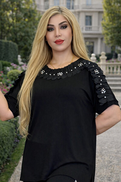 Yeşilmoda بلوزة فستان سهرة مطرزة باللؤلؤ وأكمام قصيرة من خيوط القطن عالية الج...