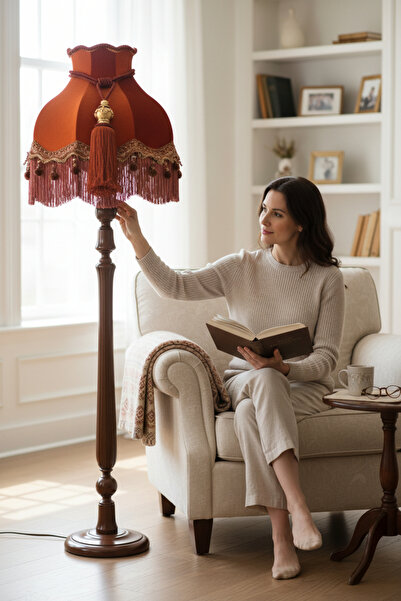 Dekovien Osmanlı Model Kiremit Kadife Lambader Kahverengi İşlemeli Ahşap Ayak...