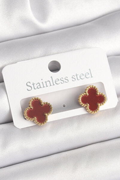 Skygo Brass Gold Color Claret Red Clover Model Women's Earrings - Tj-Bkp10360