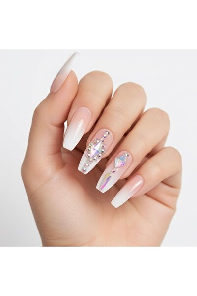 EDA LUXURY BEAUTY 24'lü Pembe Beyaz French Takma Tırnak Lüks 3d Kristal Taşlı...