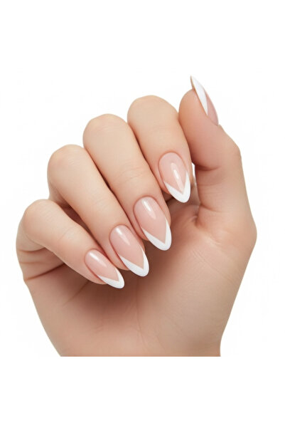EDA LUXURY BEAUTY 24'lü Doğal Pembe Beyaz V French Takma Tırnak Lüks Parlak D...