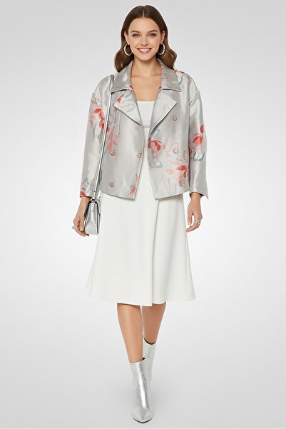 Emporio Armani بليزر نسائي بقصة عادية وطبعة زهور، رمادي فاتح