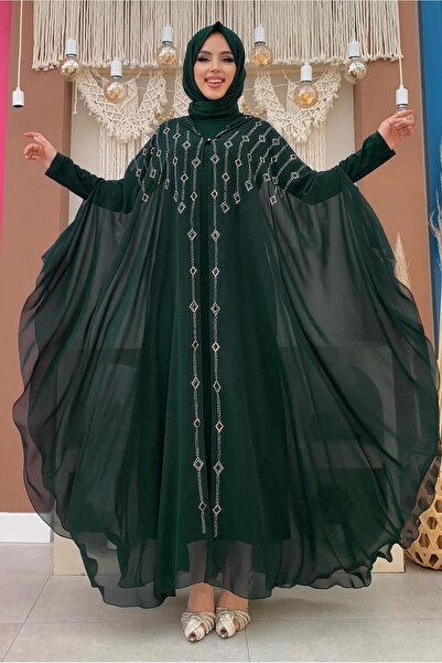 TRENDTESETTÜR KADIN YEŞİL (ZÜMRÜT) KAPÜŞONLU TAŞ İŞLEMELİ İKİLİ ABAYALI TAKIM...