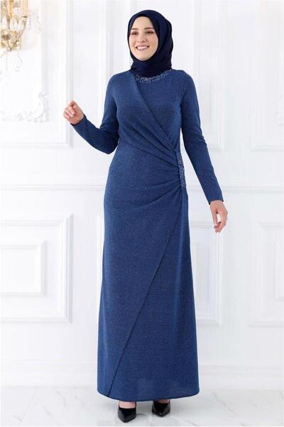 TRENDTESETTÜR KADIN LACİVERT (İNDİGO) TAŞ DETAYLI ABİYE ELBİSE T 9653