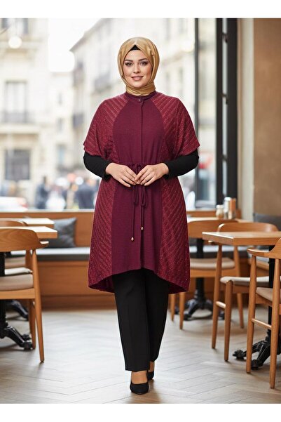 TRENDTESETTÜR KADIN BORDO BELİ BÜZGÜLÜ SİMLİ TRİKO TUNİK T 2434
