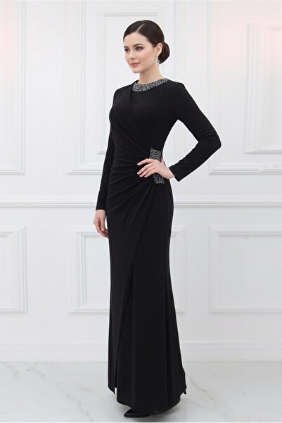 TRENDTESETTÜR KADIN SİYAH TAŞ DETAYLI ABİYE ELBİSE T 9653