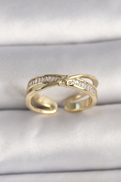 Skygo Brass Gold Color Zircon Stone Star Detailed Adjustable Women's Ring - T...