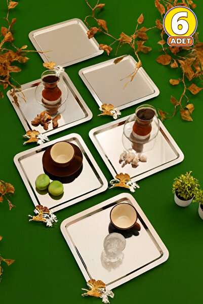 JASPER 6 Lı Paslanmaz Çelik Kare Model 6 Lı Kahve Tepsisi Kelebek Aksesuarlı ...