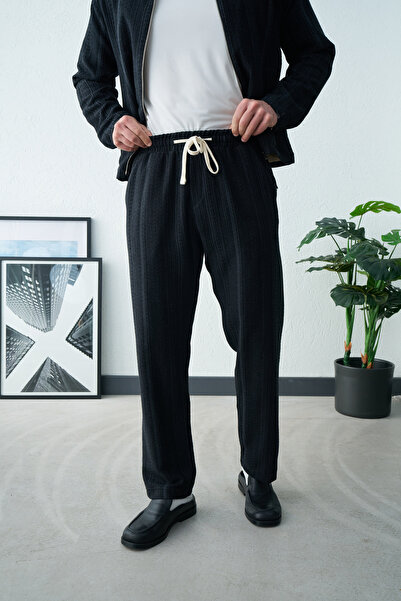 İLKCET MODA بنطلون رجالي بوهيمي أسود كبير الحجم بتفاصيل دانتيل