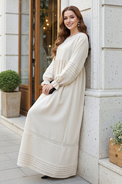 benguen Stone Color Ribbed Detailed Hijab Dress 2207