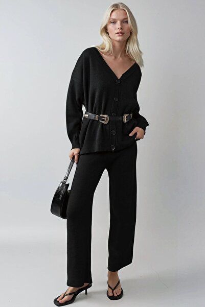 Hiccup My Fashion V-Neck Cardigan and Wide-Leg Pants Knitwear Set