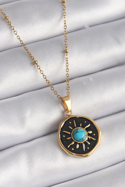 Skygo 316L Steel Gold Color Blue Beads Sun Processing Locket Model Women's Ne...