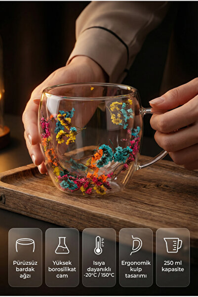 DEMPOWER Çift Katmanlı Çiçekli Borosilikat Cam Kupa Bardak 250ml