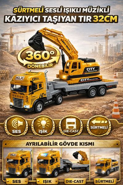 YILDIRIM OYUNCAK Sürtmeli Sesli Işıklı Müzikli Die Cast 1:24 Kazıyıcı Taşıyan...