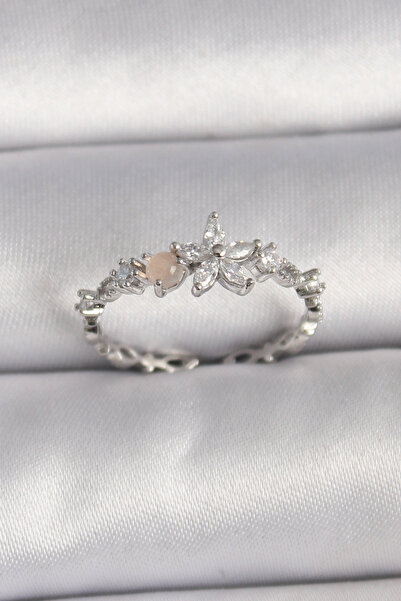 Skygo خاتم نحاسي فضي اللون بحجر الزركون على شكل زهرة قابل للتعديل - TJ-BYK3564