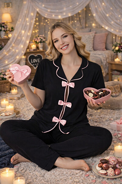 Lavint Homewear طقم بيجامة نسائي من القطن قماش قابل للتمدد مزين بشريط على شكل...